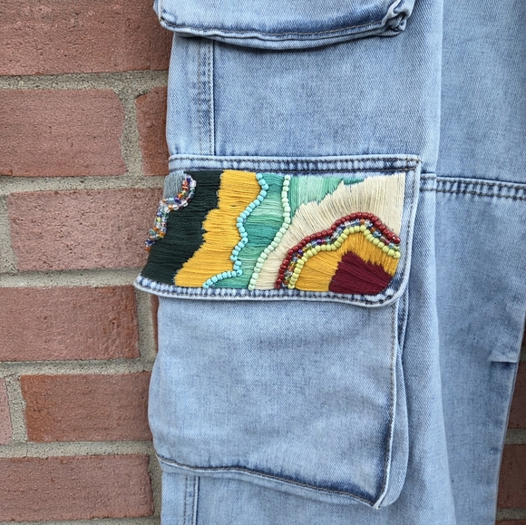 Beaded Pockets Cargo Wide Leg Jeans Light Wash Y2K Waist 30 - Picture 3 of 8